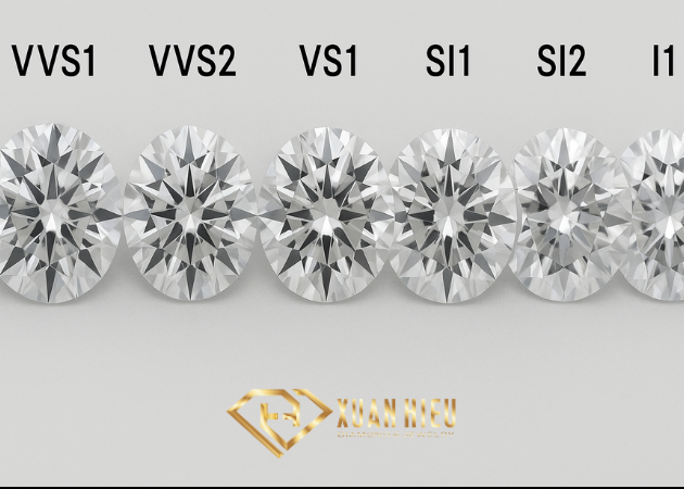 Một viên kim cương grade VS1–VS2 thường rất trong trẻo, bao thể khó nhận thấy bằng mắt thường.